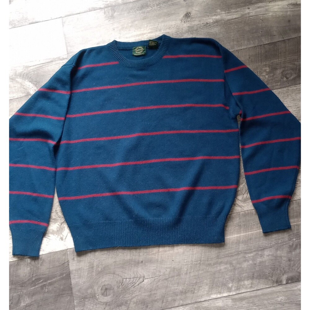 Saddles, Boston, NY, SF  Mens XL 100% Lambs Wool Blue/Red Striped Sweater, Vtg